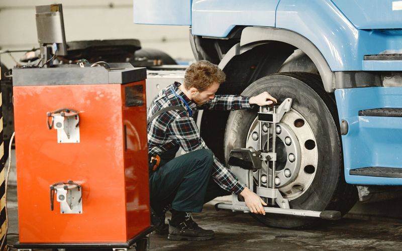 Technician servicing the front wheel of a commercial truck